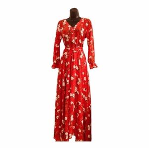 Red white floral v-neck belted flowy ethereal handkerchief hem maxi dress size S